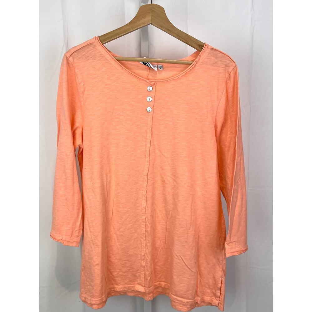 HABITAT Size M 3/4 Sleeve Slub Knit Pullover Top Button Trim Orange